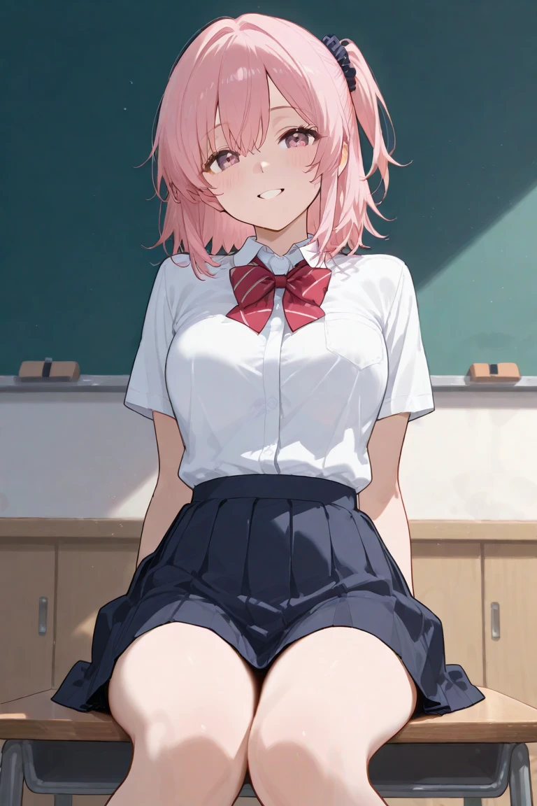 1girl, solo, sexy detailed face, <lora:akane(sdxl):0.4> akane, pink eyes, short hair, pink hair, bangs, large breasts, black skirt, blush, eyebrows visible through hair, looking at viewer, pleated skirt, school uniform, shinjou akane, short sleeves, thighs, white shirt, mischievous grin, low angle shot, shadows, ray tracing, indoors, sitting on couch, sun light, natural light, very aesthetic, best quality,