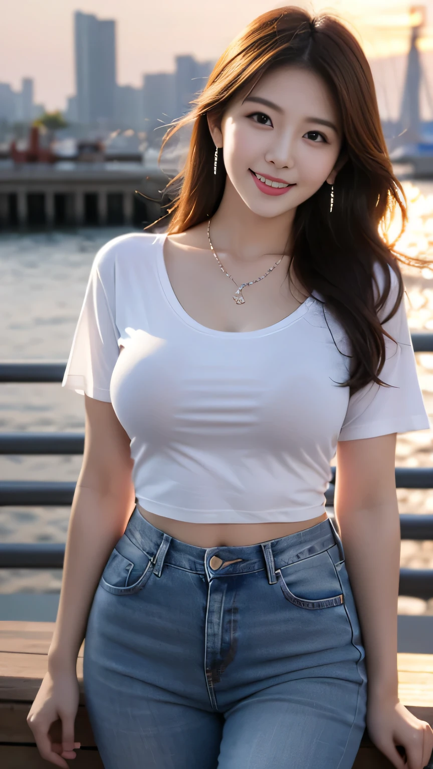 Shopping street: Sexy tight shirt and shorts showing nipples, Highest quality, shape, Very detailed, In detail, High resolution, 8k wallpaper, Perfect dynamic composition, Beautiful details,  Natural Lip, Tight T-shirt that clearly shows the nipples Nipples are clearly visible, Big Breasts, 胸の谷間 乳首のshapeが浮いている, She is smiling in a cute pose.., A masterpiece of the whole body, Side Short