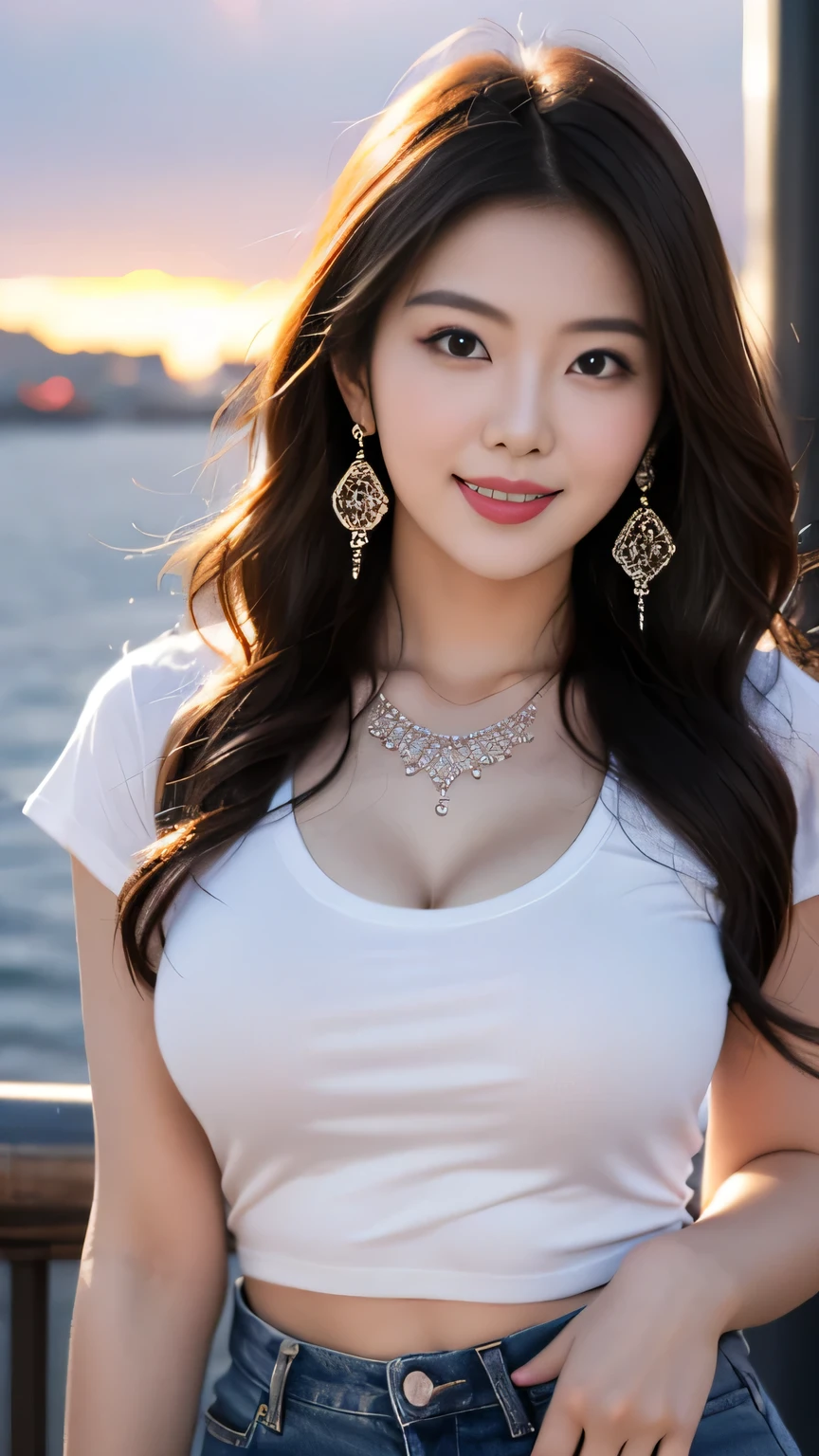 anatomically correct 5 fingers beautiful Korean woman in front of the machine wavy hair earrings thin necklace Big Breasts Sensual Body Tshirt Jeans At the harbor pier with a beautiful sunset and look at the camera cute charming smile