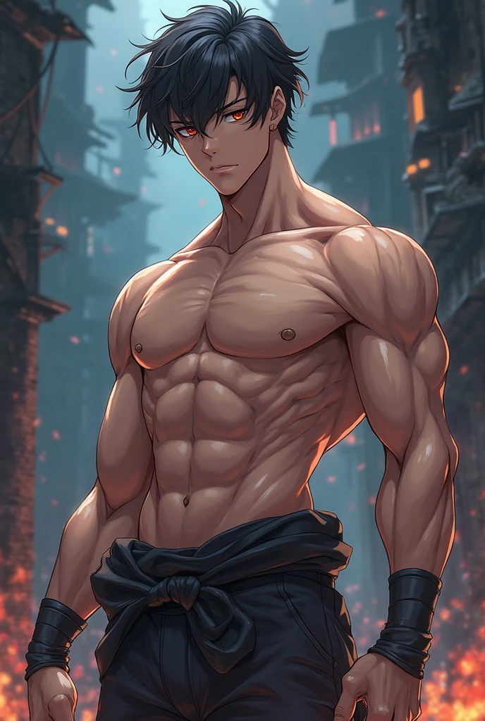 Anime guy shirtless, pectoral, muscular, mohawk,macho man,perfect body,delicate and beautiful,arm tatoo, glowing eyes