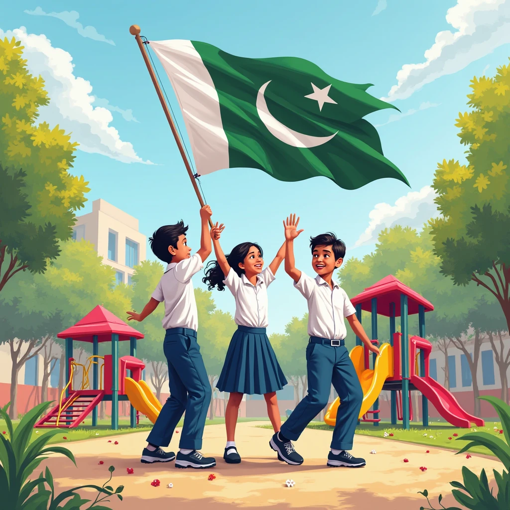 It is Independence day of Pakistan and three brothers and one sister and the biggest brother is 10 year old and the second brother is 8 years old and then the sisters is 4 years old and the then the youngest brother is 2 years old all are holding the flag of Pakistan and the biggest name is Anfal and second brother name is waris And the sister name is Barira and the youngest brother name is Umer and their names are labelled on their t shirt