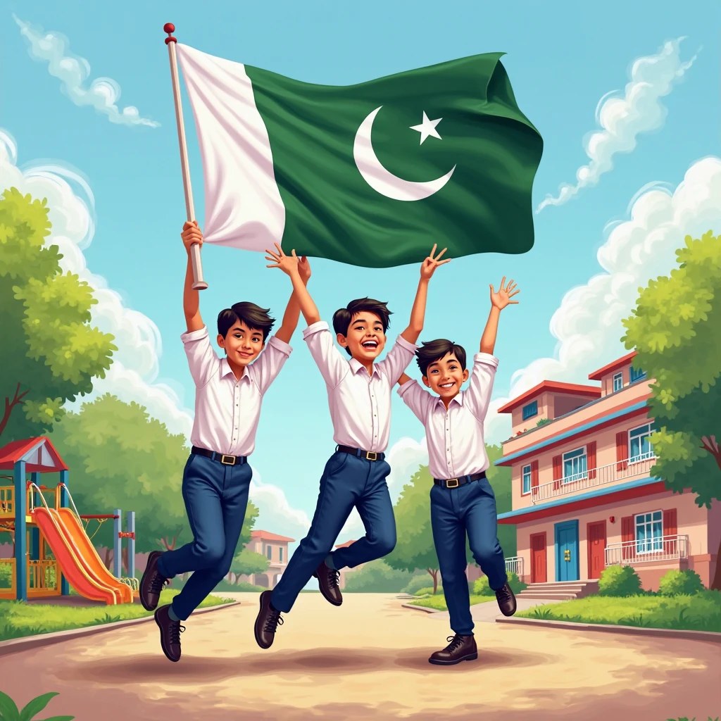 It is Independence day of Pakistan and three brothers and one sister and the biggest brother is 10 year old and the second brother is 8 years old and then the sisters is 4 years old and the then the youngest brother is 2 years old all are holding the flag of Pakistan and the biggest name is Anfal and second brother name is waris And the sister name is Barira and the youngest brother name is Umer and their names are labelled on their t shirt 