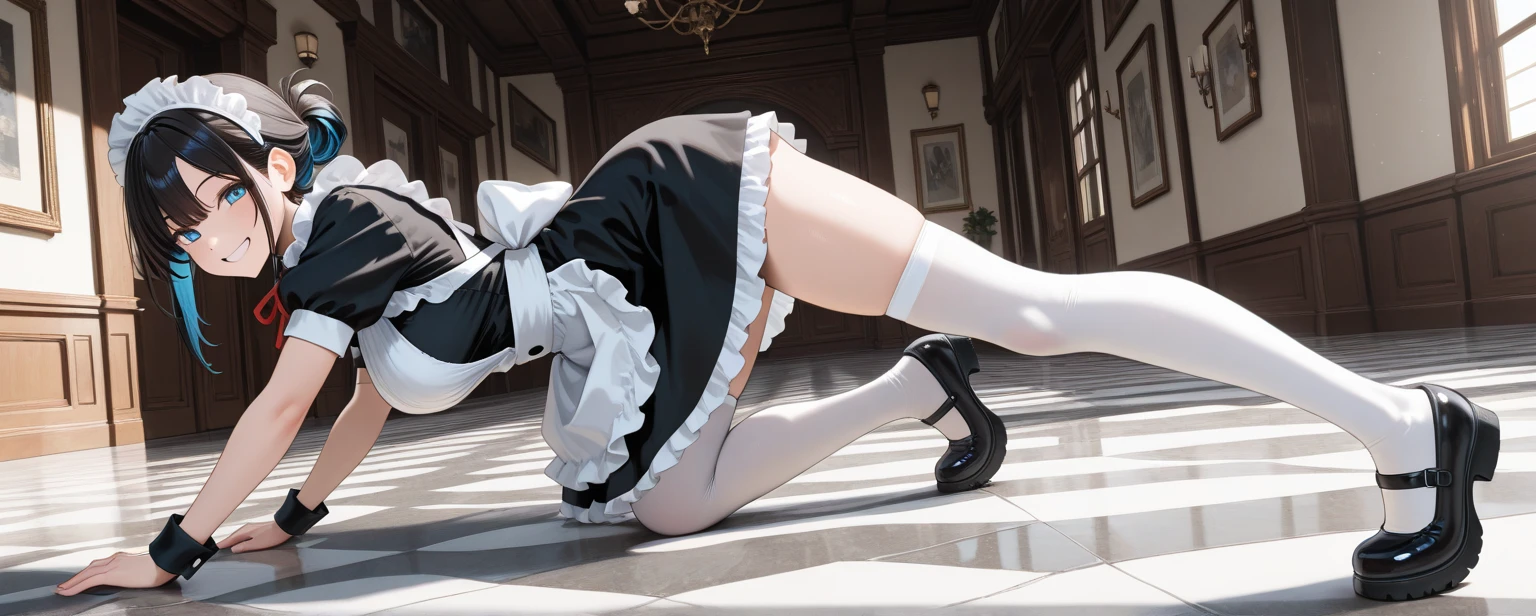 White woman with short skirt, pantyrose, standing on all fours, big-ass.