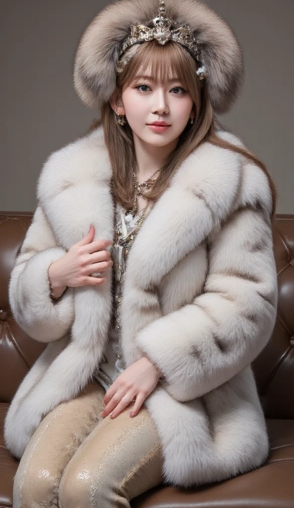 Very wide、Very thick, white mink fur coat, Thickness 80 cm, fluffy, nature, Thick white mink fur collar, 3 floors、Russian beautiful girl、High ponytail、Big Breasts 2.1、Her breasts are protruding、Squat down and spread your legs