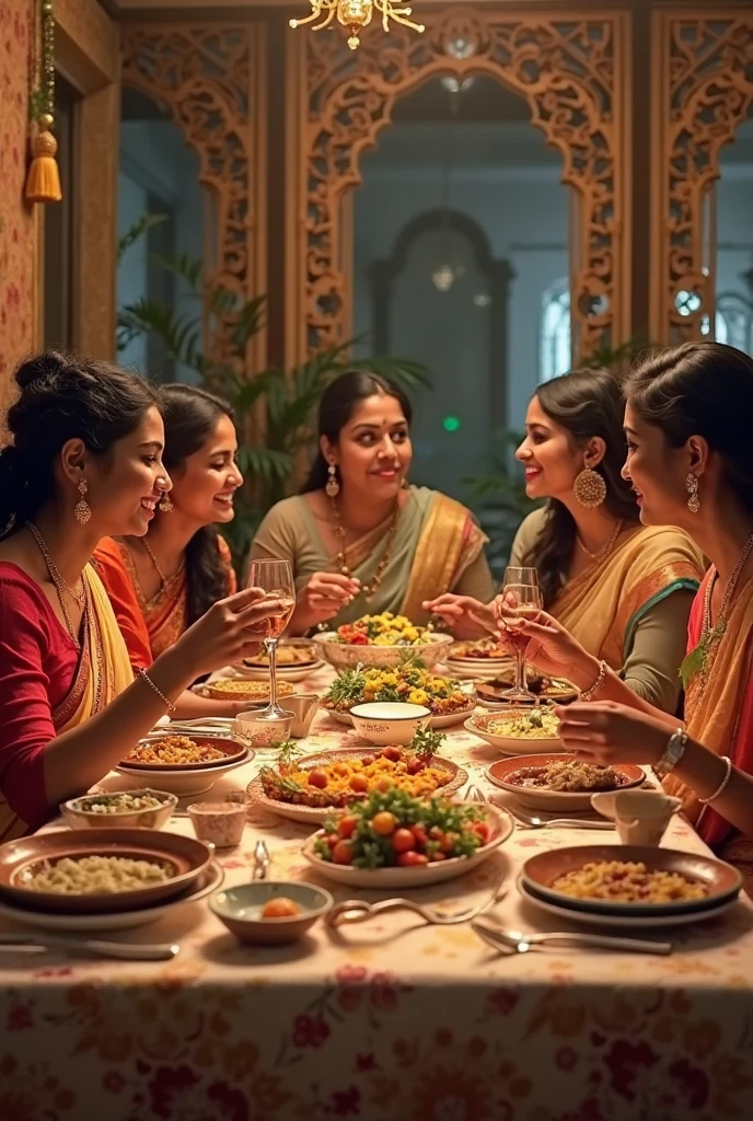 A colorful image of a table filled with various Hari Raya delicacies such as ketupat, cookies, cakes, and traditional snacks, with colleagues gathered around, exchanging treats and enjoying each other's company. Hari Raya Vibe