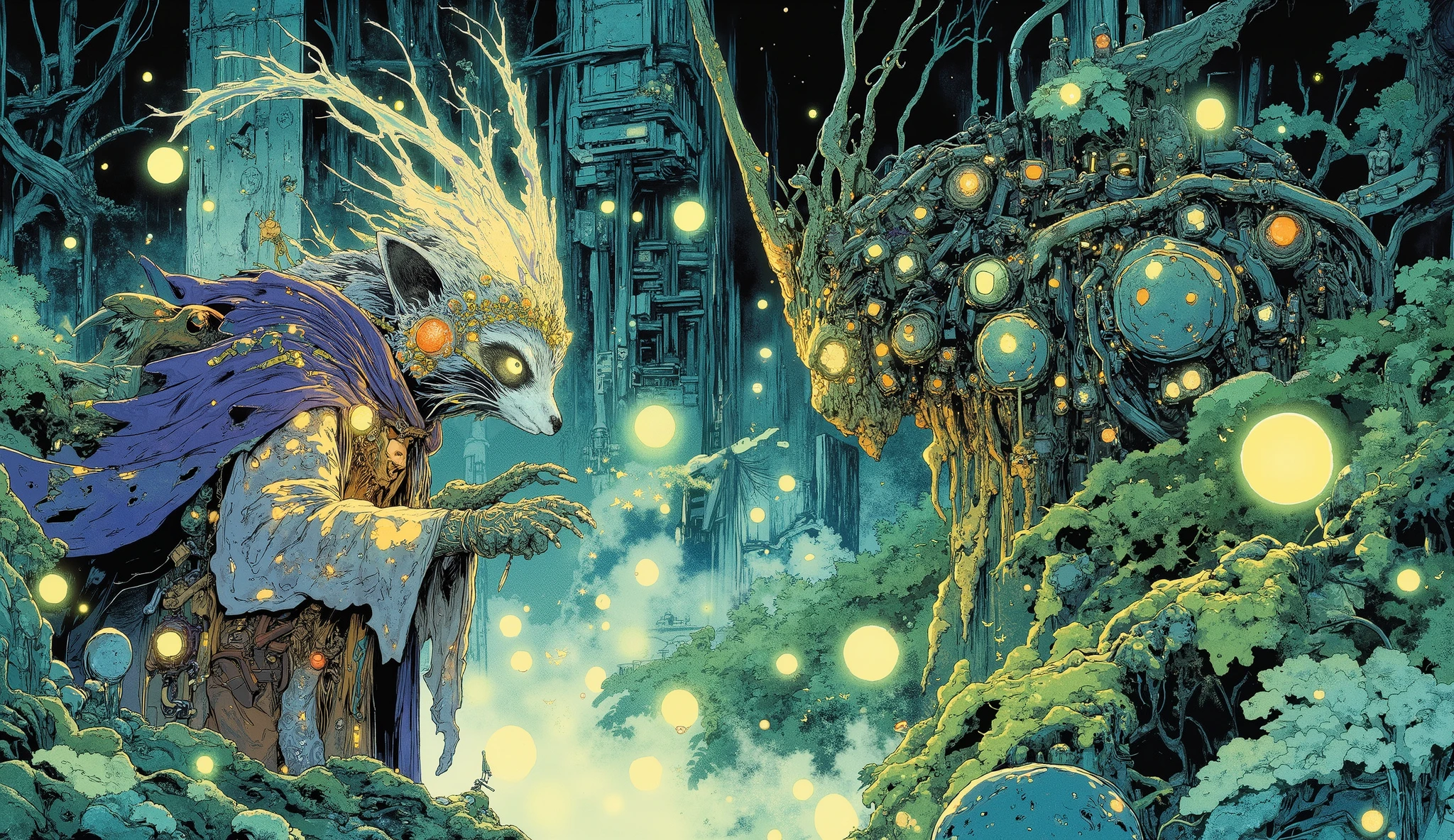 a fantasy raccoon wizard (Purple and orange clothing ) and a time-traveling cyborg gorilla fighting in front of an overgrown ruin in the middle of the forest. Viele Pilze, Ferns and moss in the background. glowing butterflies and small flying jellyfish in the air