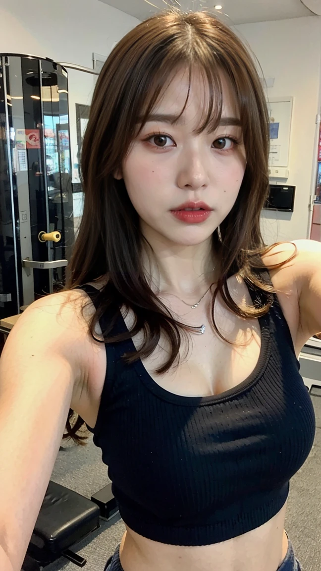 (yinchuan:1.5),, masterpiece, top-quality, Raw foto, Photorealsitic, large full breasts、beautiful and flawless face, Soft smile、20 years girl、training gym、Red Workout Wear、I put out my belly button、Middle hair、depth of fields, hight resolution, ultra-detailliert, finely detail, ighly detailed, extremely detailed eye and face, Sharp pupils, Realistic pupils,