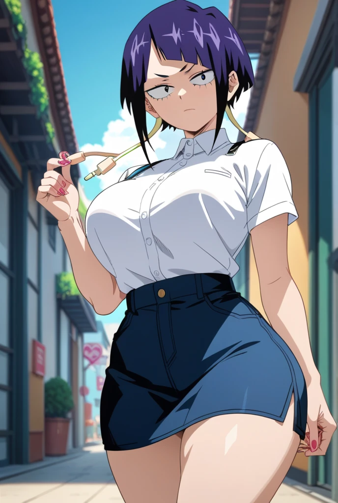 Masterpiece, best quality,alp artstyle,Solo, cowboy shot,Sonoda umi love live, white shirt, half cleavage exposed, glasses, day,golden eyes,(blushing:1.2),mini skirt, side slit , thighs