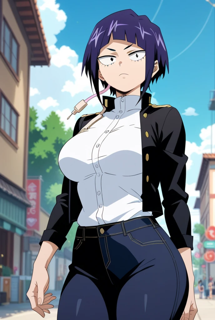 (1girl, solo, (masterpiece:1.2), best quality, , Midriffs, black Police peaked cap, , front-tie bra, , single braid , , Black High-waist shorts, red belt, Black fingerless gloves, black Calf boots, ((perfect female figure)), seductive posture, sexy pose, ,Hinata hyuga , smile