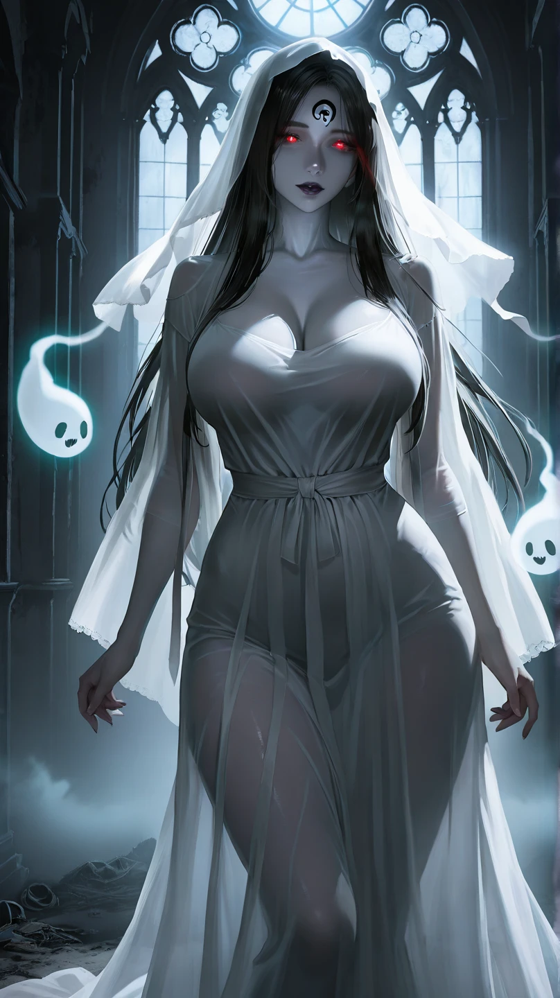 super villain,mature woman with black hair and blue eyes, detailed face , sexy, curvy, tall, white woman, dress with cape, desing with christian cross , background in snow, moon in the night sky