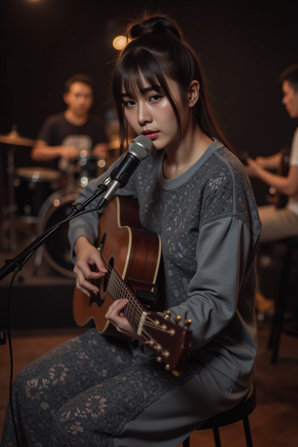 portrate of japanese 1girl,22yo,detailed face ,orange hair, pink hoodie,hand on guitar, sitting, recording studio,dim lighiting