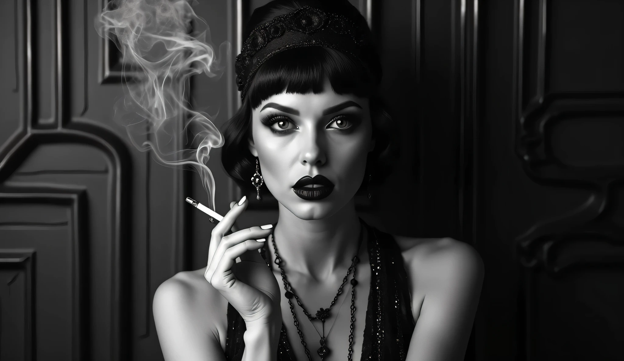 A stylish woman smoking a cigarette, exhaling elegant swirling smoke, close-up shot focusing on her face, wearing a vintage 1920s flapper dress with elegant accessories, monochrome black and white, high contrast lighting, cinematic noir style, art deco aesthetics, dramatic shadows, sophisticated and mysterious expression, single subject, symmetrical composition making it visually appealing from both top and bottom perspectives.exaggerated swirling smoke for a dramatic effect,bold red lipstick (but still in monochrome,dark smokey eye makeup, mysterious gaze,Art Deco geometric patterns in the background,Cool and mysterious pose,Holding a cigarette holder for a more retro feel,