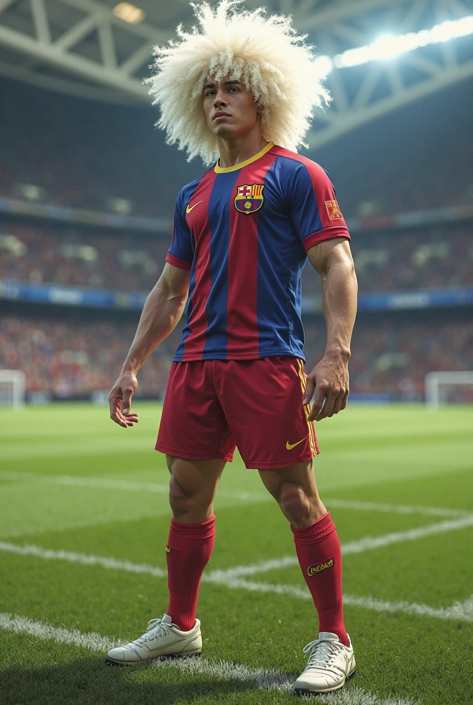 A 17-year-old male character,football player , short white hair in a gradient style, corpo musculoso mais na medida, que seja extremamente lindo,sem camisa em uma pose sexy.