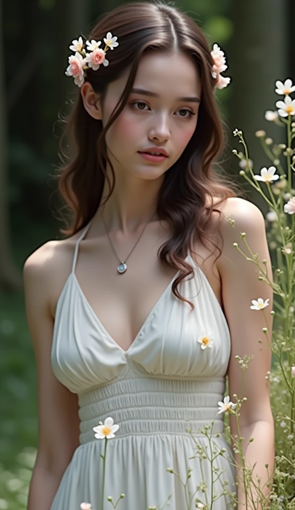 Sad theme , (best quality, masterpiece:1.2), 18yo beautiful girl in garden,pale white skin,(Ukrainians:Russian:0.5),deep cleavage white dress, large breast, running on the green lawn, (white flowers mess in background:1.3),((low angle shot)), BREAK,shoot the (high detailed skin:1.2), 8k uhd, dslr, low key, high quality, film grain, Fujifilm XT3, lighting glow effect,no retouching,raw photo realistic, skin texture is very detail ,no makeup,