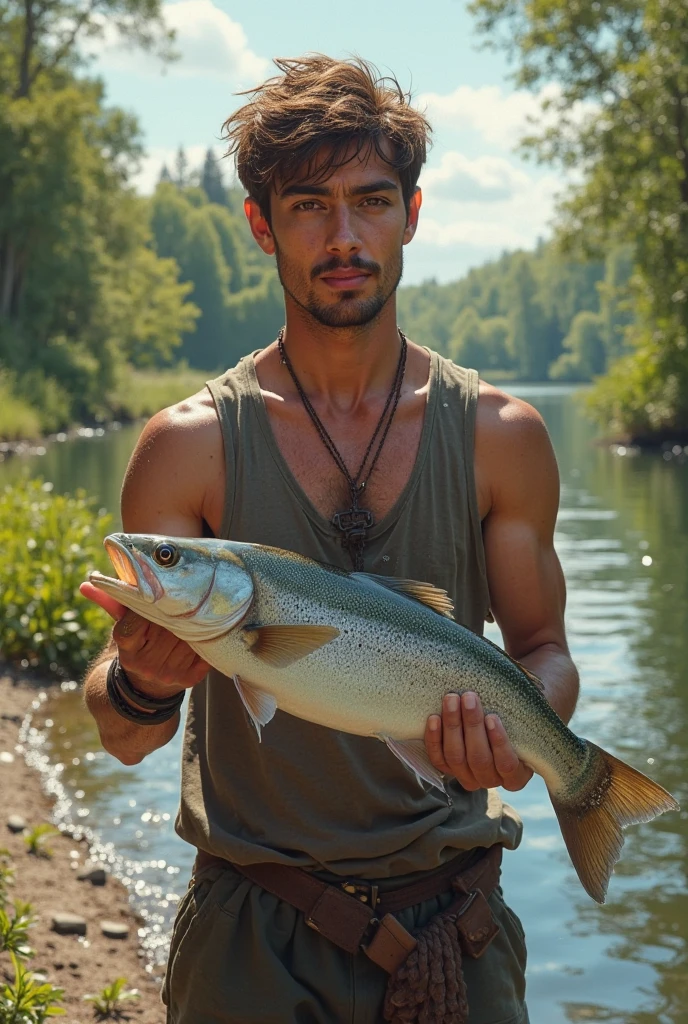 Slightly built man, Breasts without clothes, in coats, fishing on the shore of the lake, he is very happy, caught a huge fish