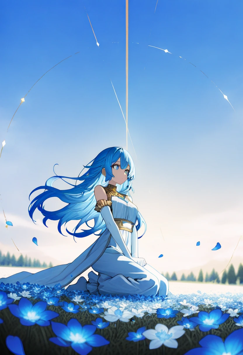 Masterpiece, Best quality, 1girl, long hair, Blue hair, Arms behind the back, Blue eyes, Heavenly clouds, Long wizard robe, flames