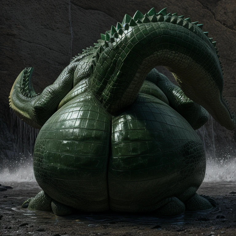 ((((A very obese emerald-colored crocodile, Crocodile facing backwards, Emerald scales, ass up, A lot of poop, Backward composition, feral, on all fours, tail up, anal scat leaking, dirty anus)))), Wild ferocious crocodile, Spiky scales all over the body, A glittering silver mane, Very short legs, Screaming facial expression, Roaring crocodile face, Backward body, Reptile Eyes, Longitudinal pupils, A body covered with a lot of fat, Abnormally obese head, A lot of fat on the neck, A belly so obese it covers the ground, Fat gap, Abdomen swollen enough to touch the ground, A huge, mountain-like swollen abdomen, Abnormally fat arms, Overweight and flabby legs, A body that seems to be crushed by a huge abdomen, A body that fills the screen, Rubble background, All fours pose, Wet scales all over the body, Soaking wet, ((((feral, three-quarter rear view))))