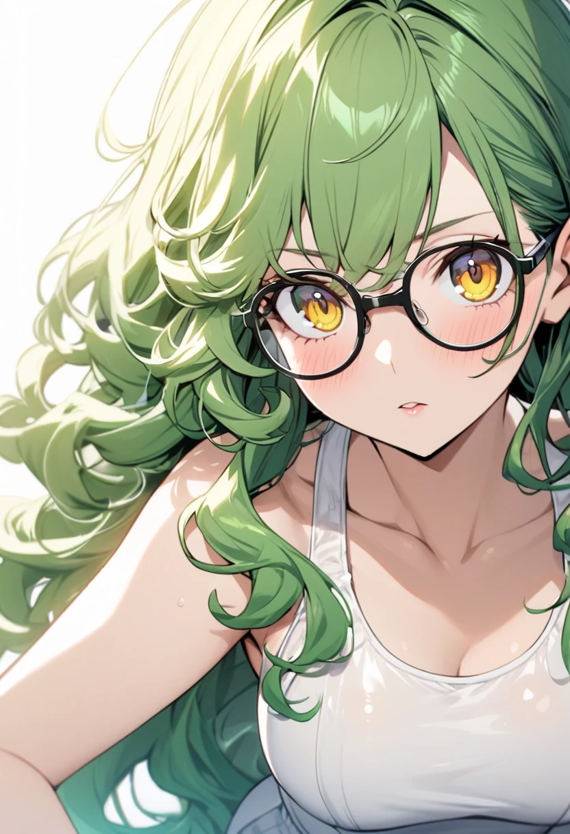 2D anime, yellow eyes wearing glasses, long green hair with bright yellow, hair covering 1 eye, princess party dress 