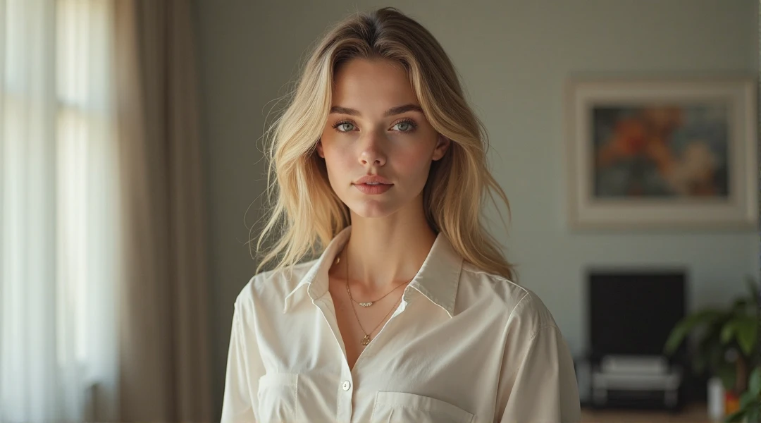 A blonde Brazilian woman in a lush classical library, wearing a white shirt with, with a close-up capturing the harmonious beauty among natural flowers, showing your natural charm