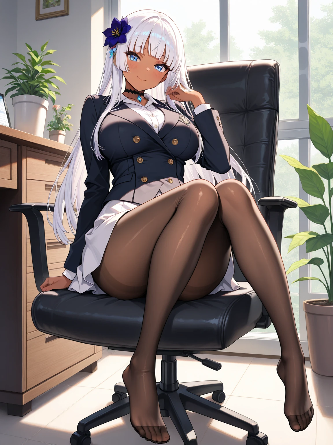 japanese manga, anatomically correct, textured skin, Super detailed, high detail, high quality, best quality,8K CG, An unparalleled masterpiece, intriCately details, DeliCate pattern, perfect work of art, pretty face, pure face, pale skin, perfect female figure, Full body female love, looking at the audience, alone, Bronya Zaik \, heart of night\, Bronya Zaik, 1 girl, alone, looking at the audience, gray eyes, long hair, Bangs, hair between eyes, white hair, Drill hair, double diamond, jacket, grey shirt, black jacket, belt, shirt, sweater, ribbed shirt, short sleeves, open jacket, open clothes, (pantyhose), ((black pantyhose)), high waist skirt, office lady, office Chair, indoors, office, Chest, large Chest, clavicle, jewelry, earrings, view, hair accessories, Chair, sitting, Put your hands on your knees, legs crossed, Cat