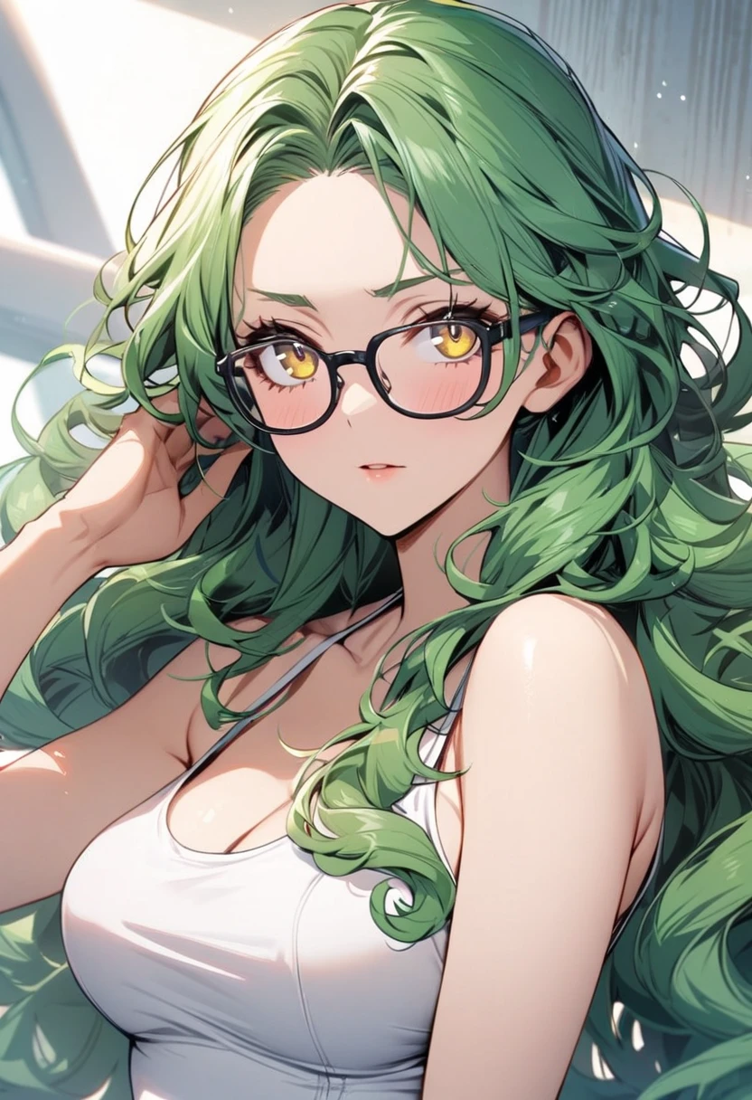 Young female, curvy body, thick body, DDD size breasts, dark green hair , two bun hairstyles, light cyan blue eyes, very beautiful, glasses, fully clothed.