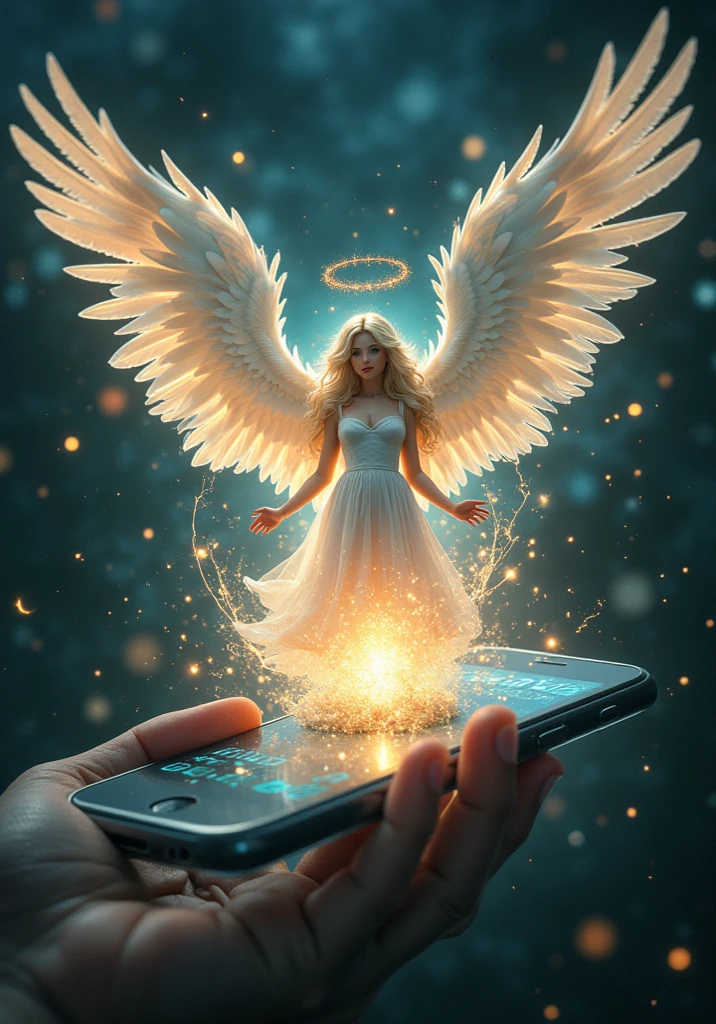 An angel jumping out of a smartphone,high definition,4K,Super Fine,realistic,Professional,indecent poses with beautiful bodies,Vivid Color,Bokeh,Fantasy scenes with men licking faces,gothic, dark,night,Lighting production, bright,magic,magic,Shining,artistic,digital art