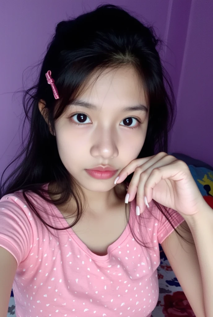 19 years old, college girls, inside in room, Front-facing pink walls, Blue T-shirt, upper body up of face Beautie