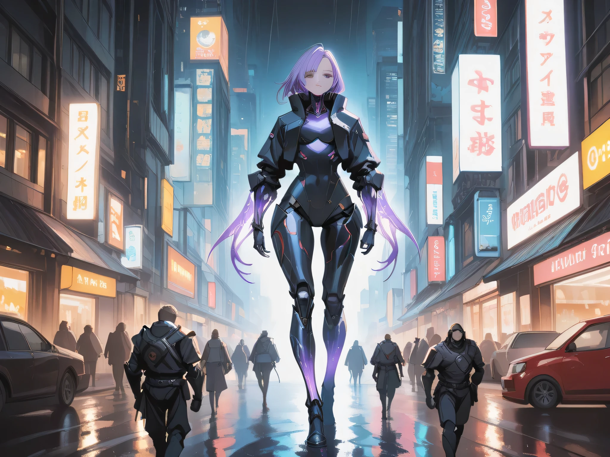Anime-style female cyborg standing in a neon-lit cyberpunk city at night, carrying heavy futuristic firearms. She has metallic limbs, glowing cybernetic eyes, wearing a black and purple armored suit. The background features tall skyscrapers, holographic billboards, detailed rain-soaked streets, and reflective surfaces. Cinematic lighting, moody atmosphere, highly detailed, high contrast, futuristic urban environment.