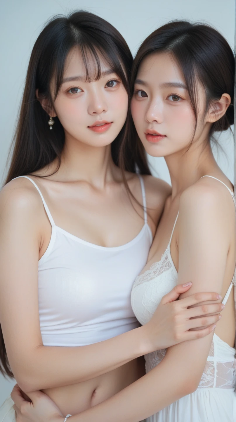 ((masterpiece、No areola、No areola、barechested、Hugging each other naked、Hugging face to face naked、30-years old、Hugging each other's cheeks、Two beautiful girls、A detailed eye、Shorthair with bangs、shorth hair、very long neck、Put your ears out))、big eye、Distinct double eyelids、((top-quality, 超A high resolution、Both of them stare intently at the camera.、Light brown eyes、big eye、Clean collarbone、glowy skin、Glossy skin、Glossy skin、Straighten your back、The face of the golden ratio、a small face)), (Realisticity: 1.4), OriginalPhotographs, 2girls,cinematlic lighting、japanes、Asian Beauty、Korea person、Super beauty、Realistic skin type、(((clean very large breasts、A slender、long neck、Both have long necks、The bodies are facing each other、lipgloss、Highlights in the eyes、thin lips、smiling slightly、Closing mouth and smiling happily、Two people of the same height、Both are 190cm supermodels)))、(A hyper-realistic)、(hight resolution)、(8K picture quality)、(ighly detailed)、(Best Illustration)、(beautifully detailed eyes)、(ultra-detailliert)、A detailed face、looking at viewert、Facing straight ahead、Neat and clean light clothes、sleeve less、short-hair、Black-haired、46-point diagonal bangs、Background is really nothing but pure white background、Really pure white blank background、neat atmosphere、Two people full of neat charm、Smile happily、Two happy people、Thin and transparent underwear、Special notes about each other