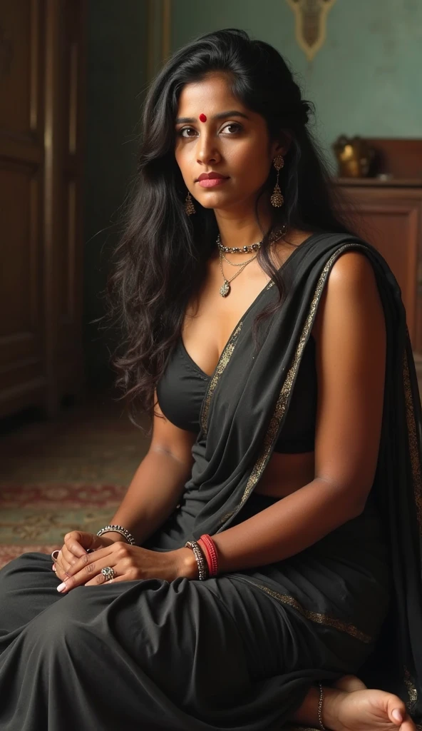(Full body, editorial photograph of a 30 years old Indian woman), (highly detailed face:1.4) (smile:0.7) (background inside dark, moody, private study:1.3) POV, by lee jeffries, nikon d850, film stock photograph ,4 kodak portra 400 ,camera f1.6 lens ,rich colors ,hyper realistic ,lifelike texture, dramatic lighting , cinestill 800, waering a black transparent saree with half sleeve blouse, chest open, deep navel, firm breast, light brown skinned, hourglass body shape, clevage, navel, black hair, loose hair, long hair