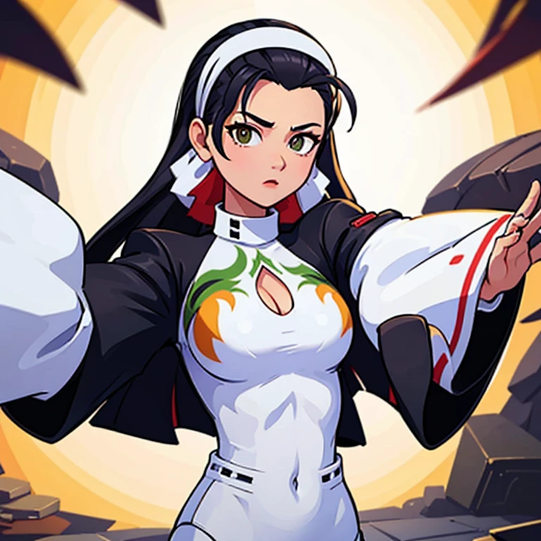 1girl, there is a woman in a costume, bunny ears, spellcasting pose,black hair, short hair, purple eyes, dark skin, lunar themed attire, black and white maid dress outfit with a short skirt, doing a sassy pose, fishnet stockings, perfect dynamic pose, magical space