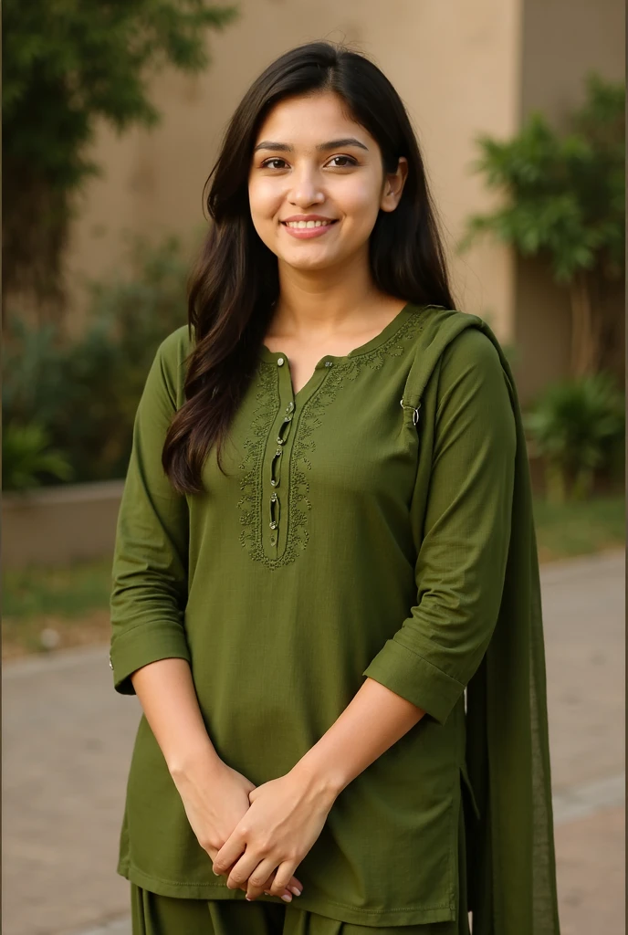 hires full body photo of a 30-year-old woman, aparna das, outdoors, looking at camera, light smile, high neck Dark green (X11) cotton dress, post-processing, maximum texture, masterpiece, ultra-detailed, photorealistic, sharp focus, insane details, intricate details, perfect face, realistic eyes,simple white stucco background <lora:Aparna_Das_SDXL:1>