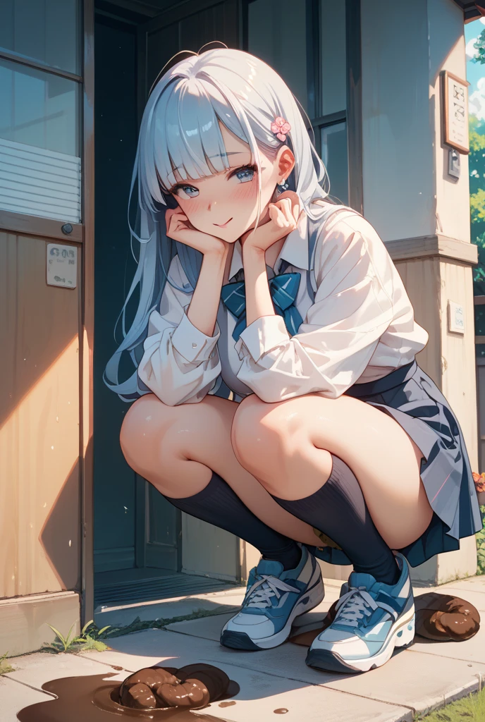 very cute and beautiful girl,(Very detailed美しい顔), (smile),blush,Black Hair,Seraphim,((White Hair、long hair)),(White Shirt、Pleated navy blue pread your legs、Squat)、Sitting、(From below)、(Lace panties), Country road, (Highest quality,masterpiece:1.0),Absurd,High resolution,Super detailed,Very detailed,32K,8k resolution, Intricate details,Movie Scenes,Detailed Background,alone,Dynamic Angle,