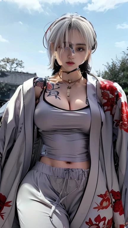 1 girl,lean over WINK,wearing (red formal shirt), neat clothes, formal attire, wearing a white blazer, white pants, outdoor,elegant,nighttime,moonlighe,shiny skin,( huge breasts:1.1), lip gloss,( tattoos:1.3), masterpiece, best quality, realistic ,Surrealism,natural colors art in 8k,soft shadows,Portrait art,solo, elise,