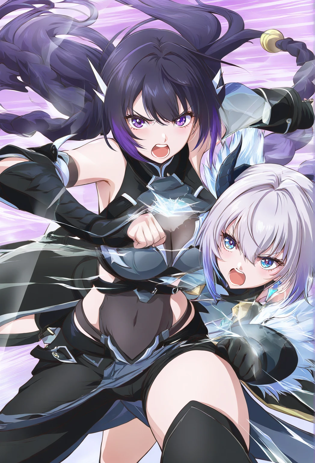 uma pessoa com uma gola alta preta, black woolen sweater and black gloves on hands, Hajime Yatate, and ninja style pants, makoto, cabelo branco, olho esquerdo preto, cor roxo do olho direito, anime style with Jiang sword ghost blade style, Back, garoto