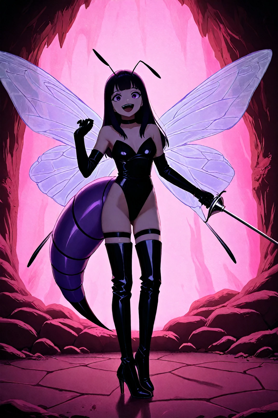 (detailed), (((1 girl))), big ass, (((black wavy hair))), (((pink pussy dripping))), (((naked))), (White skin), ((( In the middle of a forest))), (((mantis girl)))