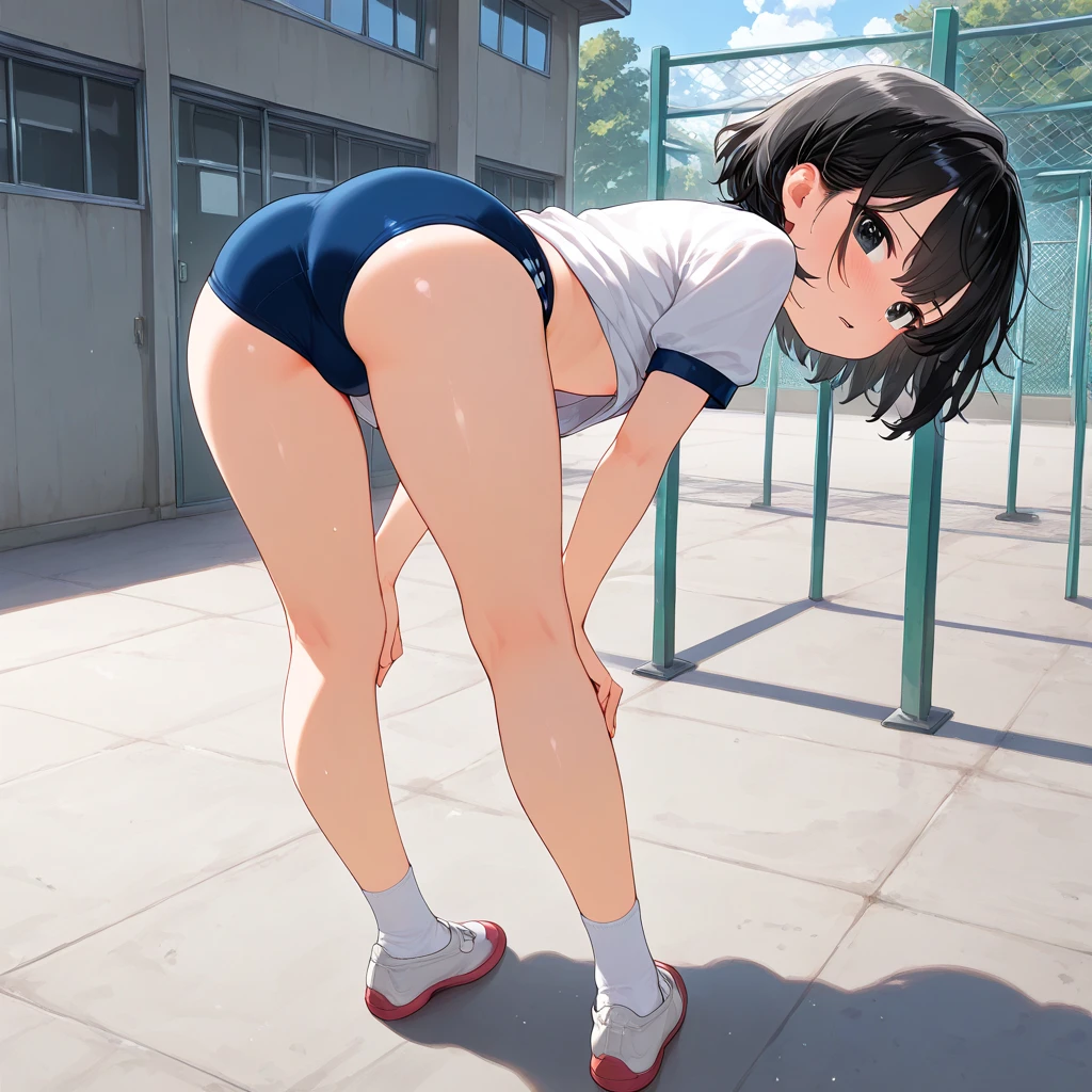 (Highest quality、In 8K、32k、masterpiece、Hmph、Ultra-high resolution、Impressionism、Photorealistic:1.2)、Cowboy Shot、Sharp focus、Detailed face and eyes、Schoolyard、playground、sunset、Beautiful Face、Blurred Background、Sharp pupils、Realistic students、Schoolyard、Beautiful Face、Blurred Background、18 year old beautiful girl、Glowing Skin、short hair、Beautiful platinum blonde hair、Red eyes、(School gym bloomers、Long Jump、Back Jump、Sandbox:1.3)、Thighs Thighs Thighs Thighs、curve、Dynamic action poses、Umbilical cord prolapse、Wet skin、Wet your hair、Powerful composition