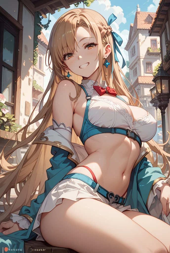 1girl, masterpiece, best quality, absurdres, long hair,(shiny skin:1.2), (show off underwear:1.3), from above, pov , close up cleavage of the breasts, sunshine, idol costume
