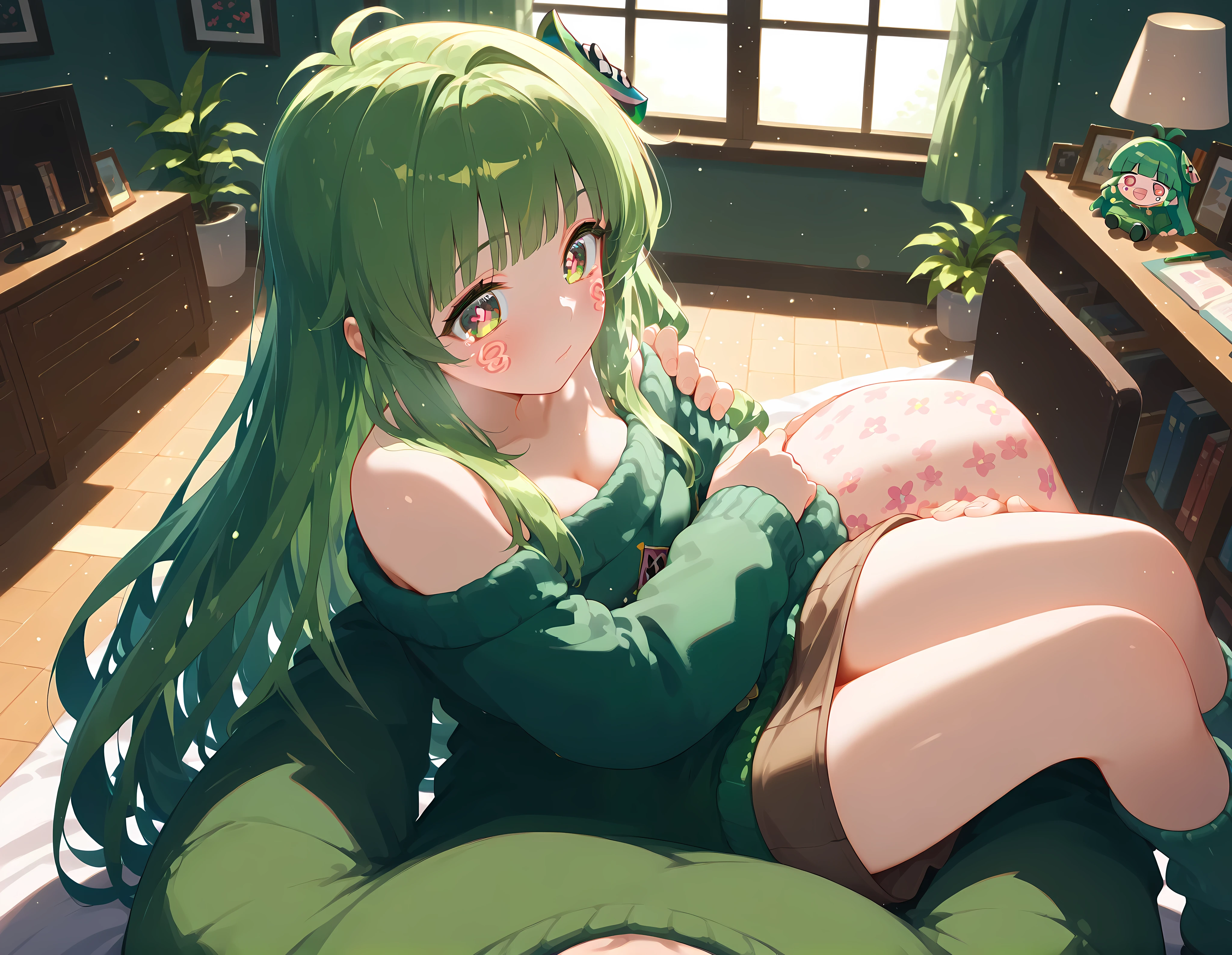 best quality, 1girl, (masterpiece, best quality), 1girl, Vannamelon, full body view, indoors, green eyes, green hair, long hair, green off shoulder sweater, sweater over the skirt, green pencil skirt, 1boy, pov, p0vpr1nc4rry, princesscarrypose, carrying person, from above, on side, lying on arms,(masterpiece:1.2), best quality, high resolution, unity 8k wallpaper, (illustration:0.8), (beautiful detailed eyes:1.6), extremely detailed face, perfect lighting, extremely detailed CG,