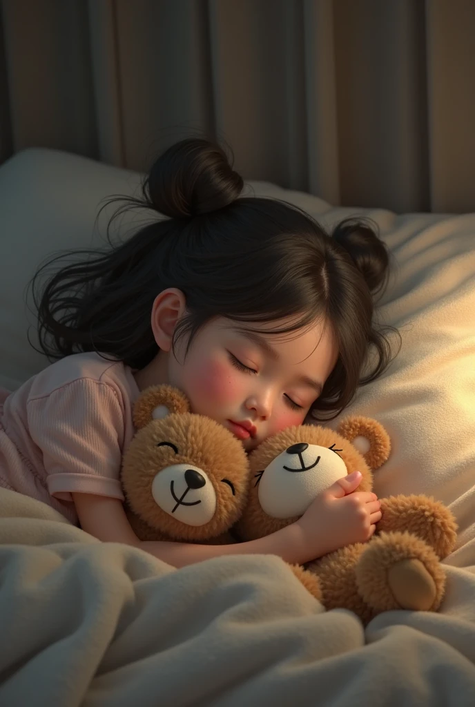 A little girl sleeping in bed，Sleeping position on your side，The room is a pink Rococo style room，The light is warm, and the lamp on the bedside table is turned on，Little girl holding a brown Barceló bear doll，The little girl is shy and cute，The little girl closed her eyes，Warm，Real Human，Realiy，k hd，There is an imaginary bubble on the head, which means that the little girl dreams of a castle in the forest