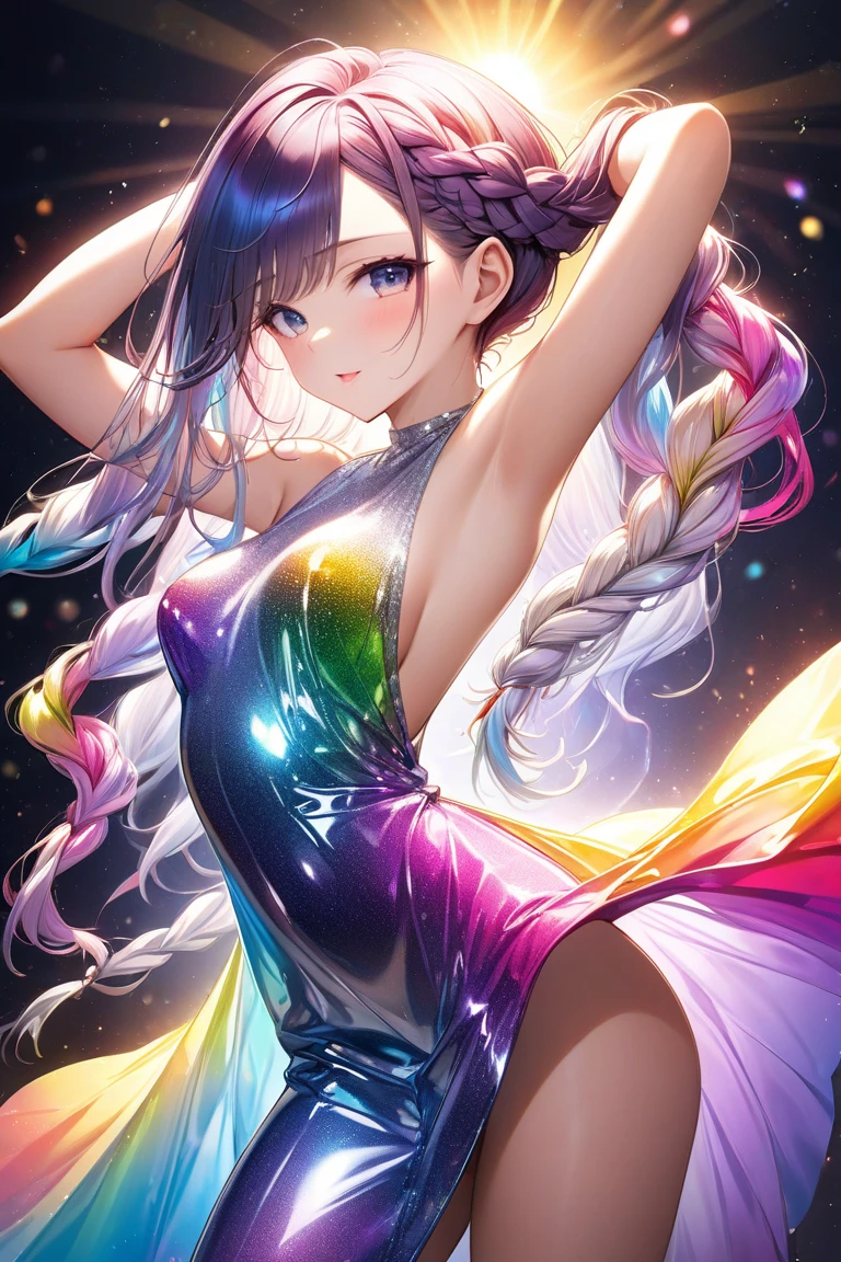 ultra detailed, absolutely resolution, masterpiece, cool beauty slut, glossy silky flowing high layered one side braided hair, lewd expression, seduction, make up, great perfect proportion, side breasts, hands behind head, wearing long sequined dress with large opening at the back and sides, side slits, emits prism-like sunshine of various colors, various iridescent glitter effects, (brilliant light and shadow, seamless, contrast, gradation) effects, highly detailed, sharp focus and contrast, extremely clear image, 2.5D, artistic photography, hyper realistic, effects magic, shading effects magic, lighting effects magic