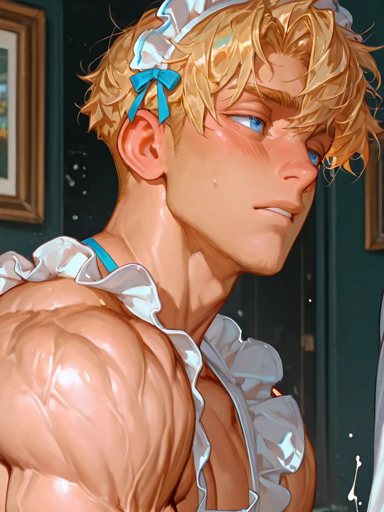 punctuation_9, punctuation_8_High above, punctuation_7_High above, 1 men, standing alone, male focus, hair blonde, short curly hair, Handsome male face, muscular,realisitic, highy detailed, white outfit