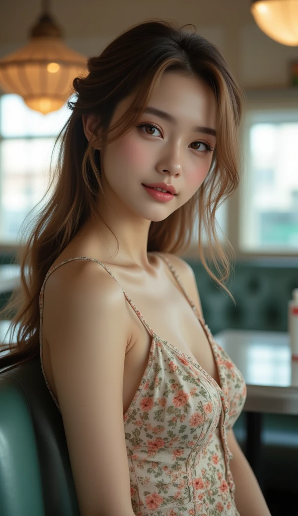 1 pretty girl,white skinned,brown hair,seductive red lingerie,looking at viewert,pony tails,Cafe,Brown eyes,Realistis,Curvaceous pose,Bigchest,huge tit,ssmile,low chest