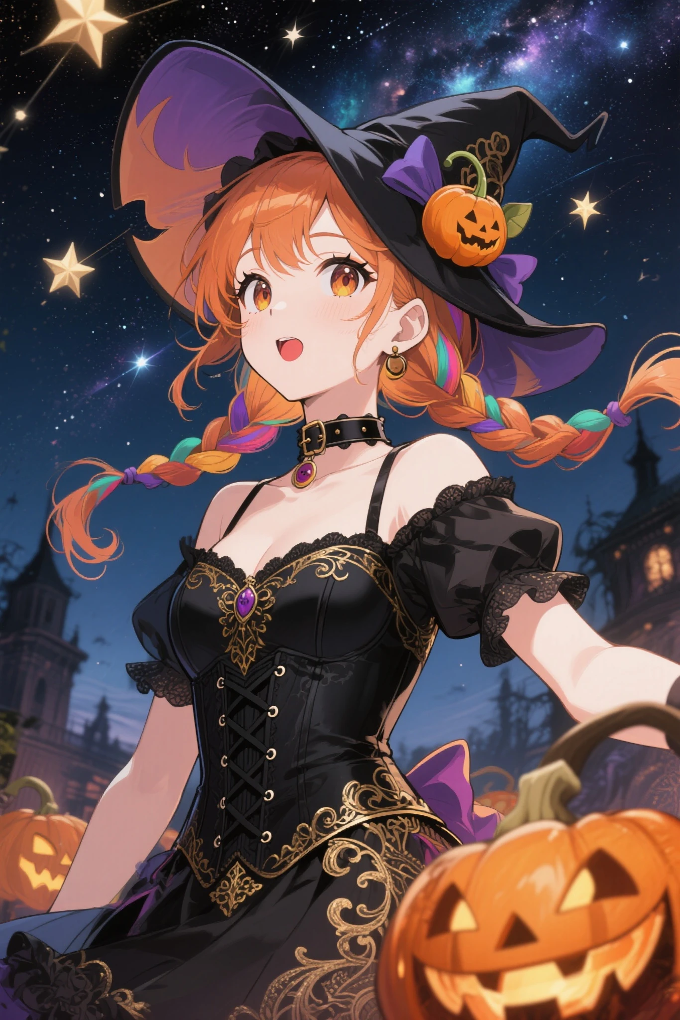 (masterpiece、top-quality:1.2)、独奏、1girl in、a smile、Look at viewers、(Nail Pose:1.1)、short red hair、Pointed hat、brown-eyed、Naked bandage、natta、Halloween、jack-o-lanterns、Cobweb,Solo Shot、model shot、Polished RAW photos、Big eyes、Transparent eyes、 Beautiful makeup、long eyeslashes、A smile、Smile、、Solo Photography、beatiful detailed eyes、vertical stripes imagem 4k 超A high resolution、Overall view