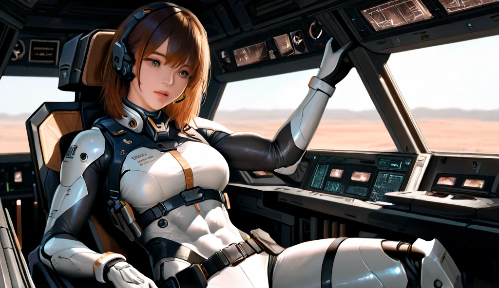 Modern manga style, sexy lolita in bikini sitting in a cabine, Tiro in the cabin of the Mecha, Cab wick cables and tubes, Front view of a female pilot sitting in the cockpit, Mech Pilot with yellow seat with buckle, Barco espacio futurist de cabine. Pilot seat with seat belts. Sci-fi space fighter cockpit. Mechanical pilot seat, ArtStation - Mecha Pilot Girl, cyber punk, Evangelion Genesis Neon, アニメ, redheadwear, futurist, interface digital, cabine, Cockpit of the Fighter jet, Fighter jet, controles de joystick, Neon screens, Aircraft controls in the cockpit, breasts big , dark and foggy environment, cinematic effect, matrix style, blade runner style, well defined hands