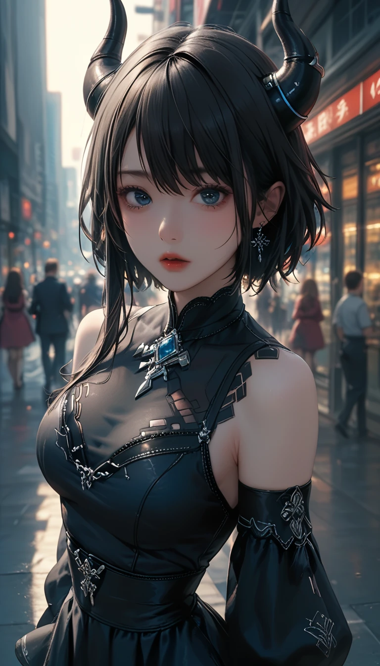 (One person:1.3), alone, Delicate and realistic skin, Fine skin, Mid-chest, Official Art, Unified 16k wallpapers, Super detailed, beauty and aesthetics, beauty, masterpiece, Highest quality, In Cyberpunk City, Great atmosphere, A calming color palette, Peaceful mood, Soft Shadows, Glamour