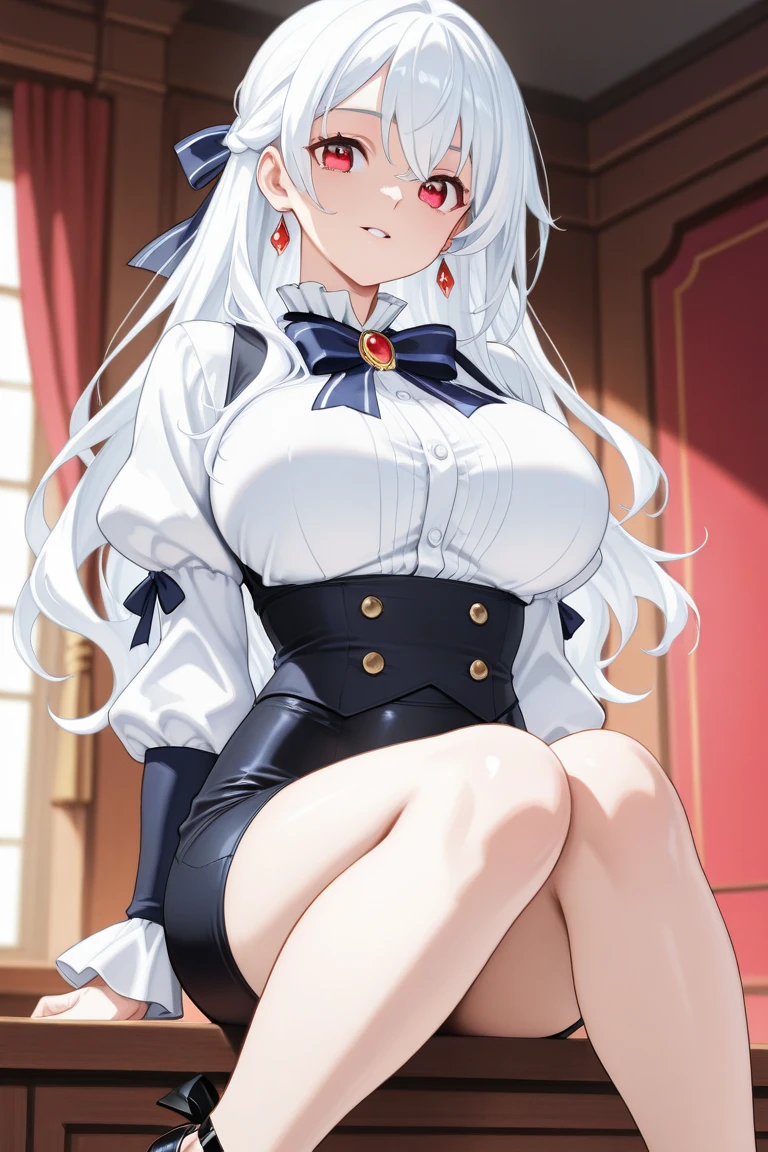 Anime style image of a girl with short white hair, red eyes, big breasts and a sadistic and crazy smile. She has two huge fangs protruding from her mouth. She wears a uniform, a very tight schoolgirl uniform, and is in a classroom.