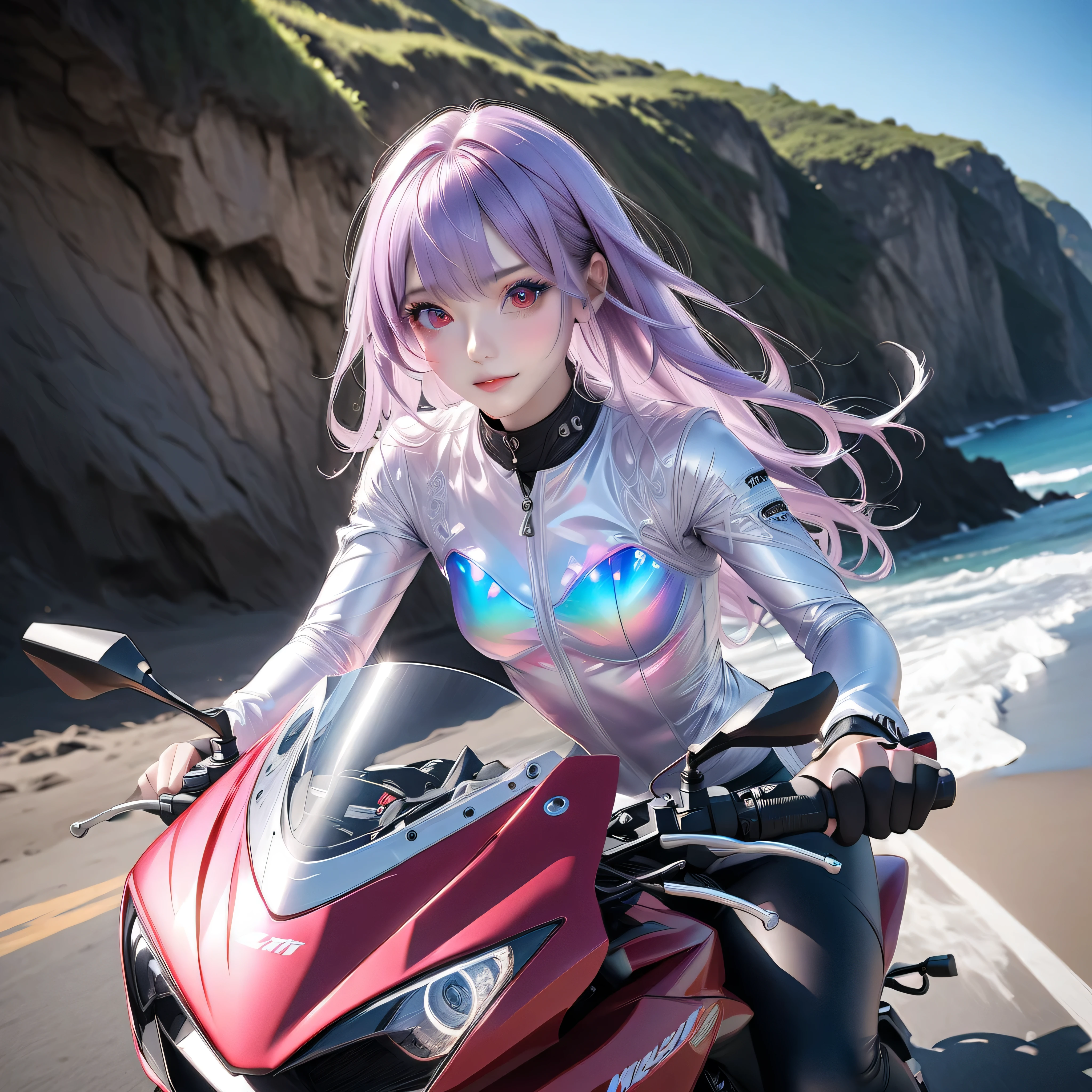 (Highest quality, 8K, highest resolution, amazing, ultra-realistic)), ((Bra visible through clothes)), ((Heterochromia, red eyes, blue eyes)), ((Sparkling, detailed depiction of eyes)), ((Crystal-like eyes)), (Long wavy platinum and purple hair), Hime cut, ((Translucent white skin)), Shining skin, Pure white skin, ((Very beautiful face, distinct nose and eyes)), ((Small breasts)), ((Anatomically accurate depiction)), ((Depiction of five fingers, detailed depiction down to the fingertips)), ((Wearing a riding suit)), Riding a motorbike, Gripping the handlebar grips, Kawasaki ZX-10RR, Helmet, Nicely messy hair, Riding along the coastline