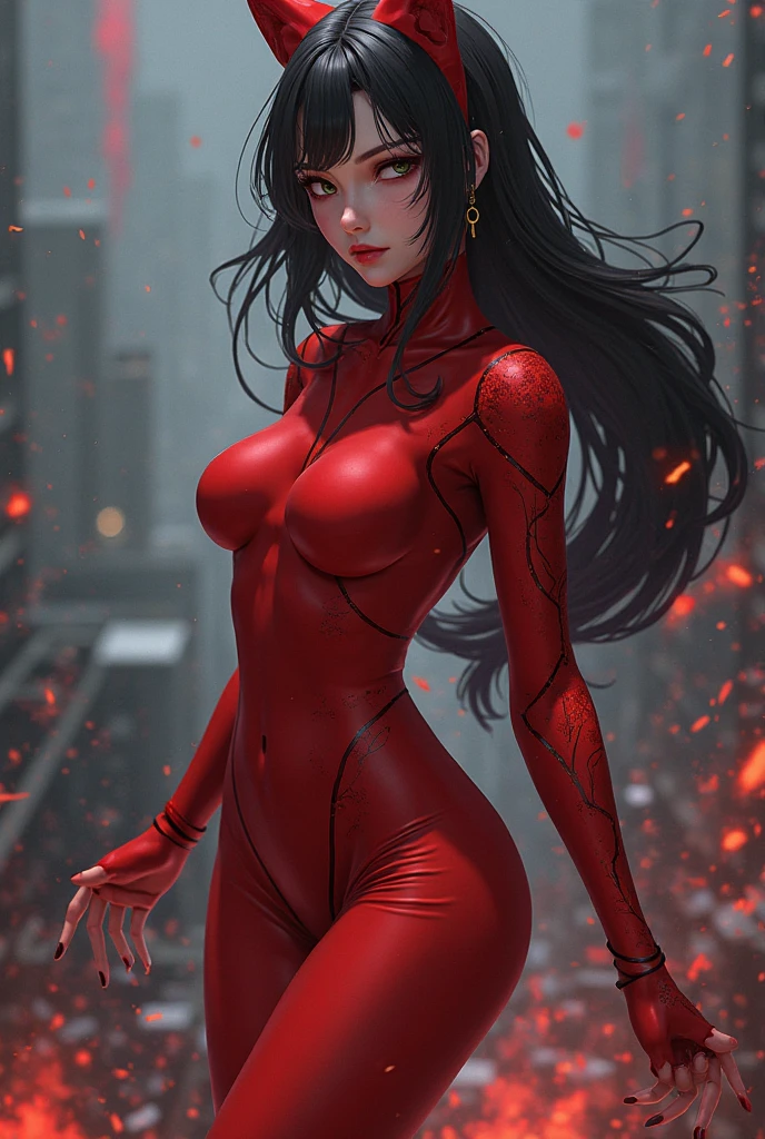1girl, big breasts, small waist, wide hips, thick thighs, muscular legs, long curly hair, black hair, wearing ((red leotard and red headband)), ninja,niji, dynamic pose, character based on marvel's 'Elektra', full body looking at the viewer, (very detailed eyes), (extremely detailed 8k CG wallpaper), (extremely delicate and beautiful), (masterpiece), (best quality: 1.0), (ultra high resolution: 1.0), beautiful lighting, perfect lighting, realistic shadows, [high resolution ], detailed skin, ((skin texture)), super detailed