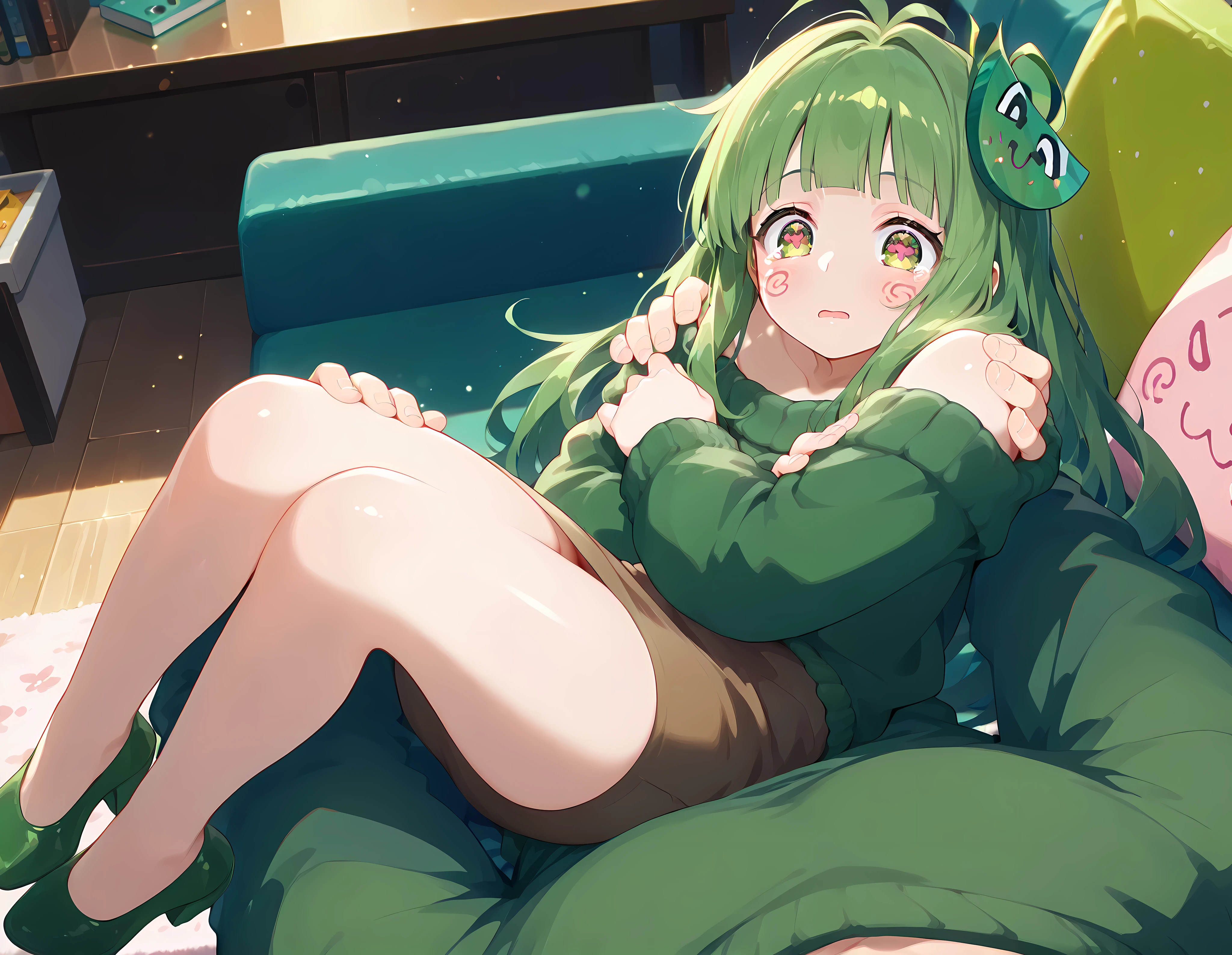 best quality, 1girl, (masterpiece, best quality), 1girl, Vannamelon, full body view, indoors, green eyes, green hair, long hair, green off shoulder sweater, sweater over the skirt, green pencil skirt, 1boy, pov, p0vpr1nc4rry, princesscarrypose, carrying person, from above, on side, lying on arms,(masterpiece:1.2), best quality, high resolution, unity 8k wallpaper, (illustration:0.8), (beautiful detailed eyes:1.6), extremely detailed face, perfect lighting, extremely detailed CG,